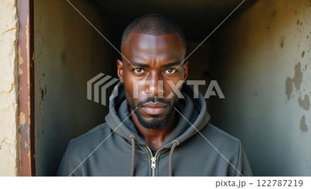 portrait of a strong and determined man with a serious expression, standing in a weathered doorway, exuding confidence and resilience 122787219