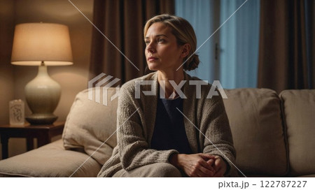 woman sits on a cozy couch in soft, warm lighting, reflecting a moment of quiet introspection in a serene and inviting home setting 122787227