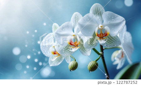 white orchids with dewdrops glistening under soft light, set against a serene blue background. Perfect for nature, beauty, and spa-related visuals 122787252