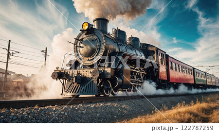 Powerful vintage steam locomotive with dramatic billowing smoke, rolling through a countryside landscape under a clear blue sky, evoking nostalgia and adventure Powerful vintage steam locomotive with dramatic billowing smoke, rolling through a countryside landscape under a clear blue sky, evoking nostalgia and adventure 122787259