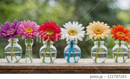 daisy flowers in a spectrum of colors beautifully displayed in individual glass bottles, placed on a rustic wooden table, creating a cheerful and charming setting 122787263