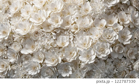 delicate white flowers in full bloom, creating a soft, elegant floral texture perfect for weddings, nature themes, or romantic designs 122787330
