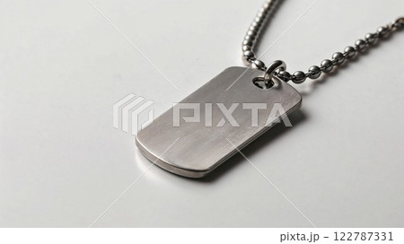 polished, brushed silver dog tag necklace on a bead chain, set against a neutral background. Ideal for showcasing military-style accessories or minimalist jewelry polished, brushed silver dog tag necklace on a bead chain, set against a neutral background. Ideal for showcasing military-style accessories or minimalist jewelry 122787331