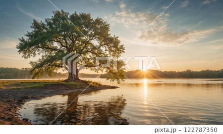 A tranquil lakeside scene at sunset with a majestic tree reflecting its golden rays across the calm water, surrounded by green foliage and a peaceful atmosphere 122787350