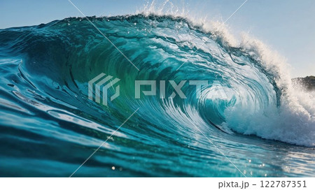 powerful ocean wave, capturing the sparkling turquoise water as it forms and crashes against the shore with stunning clarity and motion 122787351