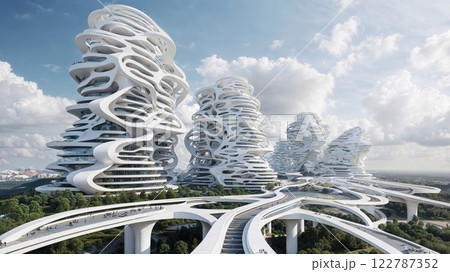 Futuristic architecture with sleek, twisting buildings surrounded by modern roads, designed with cutting-edge shapes and innovative structures, creating a vision of the future 122787352
