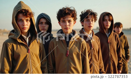 teenagers in hoodies standing united against a sunset backdrop, reflecting resilience, unity, and youthful determination 122787353