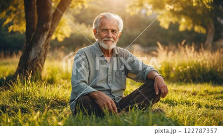 older man sitting peacefully on the grass beneath a tree, smiling with contentment, enjoying a serene moment in nature, bathed in warm sunlight, evoking calmness and joy older man sitting peacefully on the grass beneath a tree, smiling with contentment, enjoying a serene moment in nature, bathed in warm sunlight, evoking calmness and joy 122787357