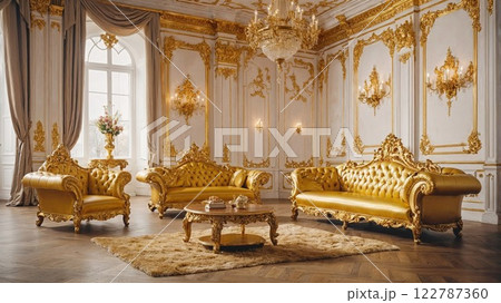Luxurious golden furniture in an opulent, classically styled room with a chandelier, exuding an air of elegance and royal charm, perfect for a grand palace or historic estate 122787360