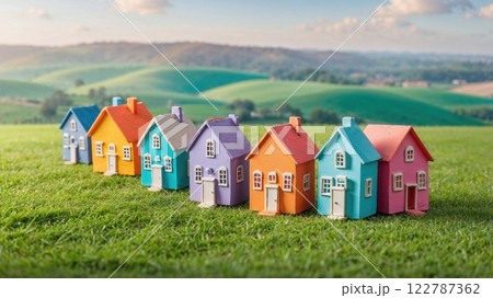 row of colorful miniature houses set against a lush green background, offering a whimsical and charming vibe, perfect for a playful scene or a miniature world concept 122787362