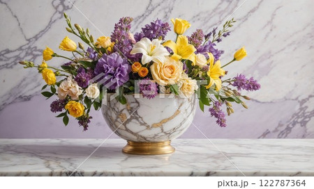 beautiful flower arrangement in a marble vase, filled with purple, yellow, and white blooms, creating a fresh and elegant vibe, perfect for spring or home decor 122787364
