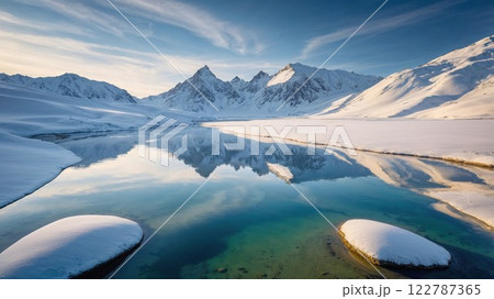 alpine landscape with snow-covered mountains and a crystal-clear lake reflecting the breathtaking beauty of winter nature under a vibrant sky 122787365