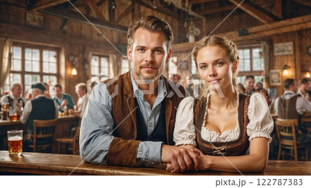 A couple dressed in traditional attire, posing together in a rustic pub, filled with wooden elements and a cozy, lively atmosphere, perfect for an authentic cultural experience A couple dressed in traditional attire, posing together in a rustic pub, filled with wooden elements and a cozy, lively atmosphere, perfect for an authentic cultural experience 122787383