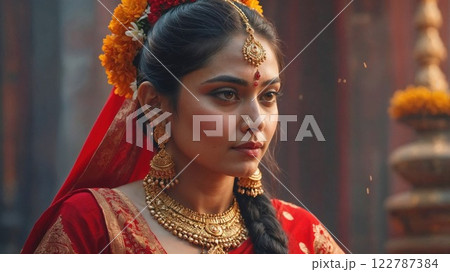 woman wearing traditional Indian bridal attire, adorned with gold jewelry and vibrant red fabric, representing cultural elegance and heritage woman wearing traditional Indian bridal attire, adorned with gold jewelry and vibrant red fabric, representing cultural elegance and heritage 122787384