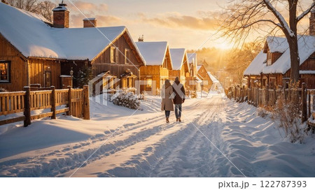 winter village with wooden houses blanketed in snow glows warmly under a golden sunset, capturing the serenity of peaceful countryside living in wintertime winter village with wooden houses blanketed in snow glows warmly under a golden sunset, capturing the serenity of peaceful countryside living in wintertime 122787393