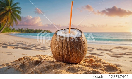 fresh coconut drink with a straw rests on golden sand by the ocean, framed by a palm tree and a vibrant tropical sunset, evoking relaxation and paradise vibes 122787406