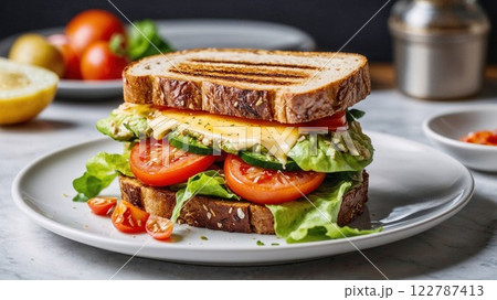 sandwich stacked with fresh lettuce, ripe tomatoes, cucumber slices, melted cheese, and grilled bread, served on a white plate for a perfect healthy meal 122787413