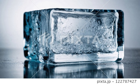 crystal-clear ice cube, showcasing the intricate texture and smooth surface, ideal for beverages, cool drinks, or highlighting winter and refreshing moments 122787427