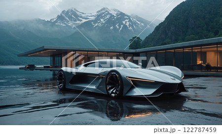 futuristic sports car sits elegantly in front of a glass modern home, surrounded by misty mountains and a serene lakeside, embodying luxury and innovation 122787459