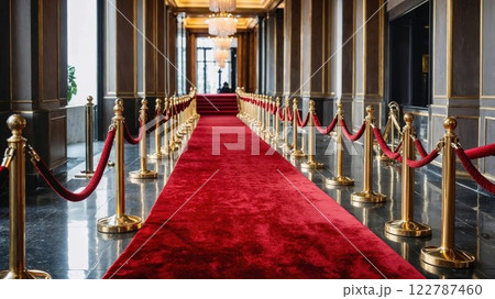 Luxurious red carpet event hallway with golden stanchions, velvet ropes, and opulent chandeliers, offering an elegant setting for glamorous entrances and exclusive occasions 122787460