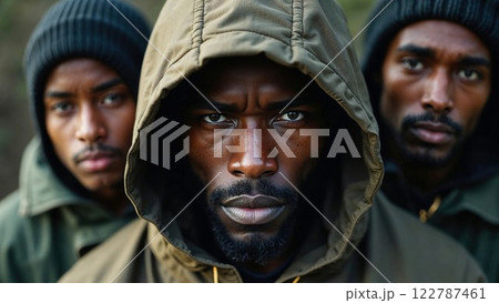 portrait of three individuals in hooded jackets, exuding strength, unity, and focus, captured with sharp detail and natural lighting in an outdoor setting 122787461