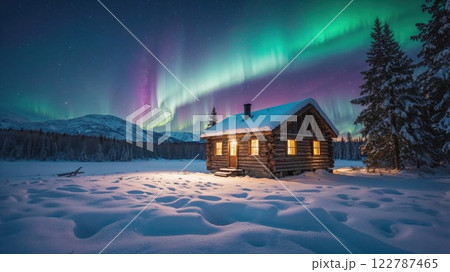 wooden cabin glows warmly amidst a snowy landscape, with vibrant green and purple northern lights illuminating the starry winter night sky 122787465