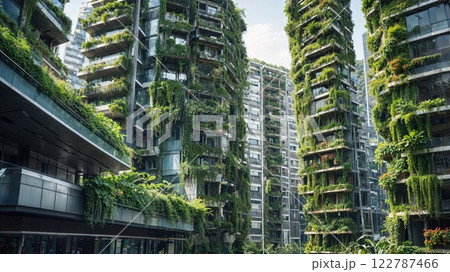 Futuristic eco-friendly skyscrapers covered in lush greenery and vertical gardens, showcasing sustainable urban living in harmony with nature's beauty 122787466