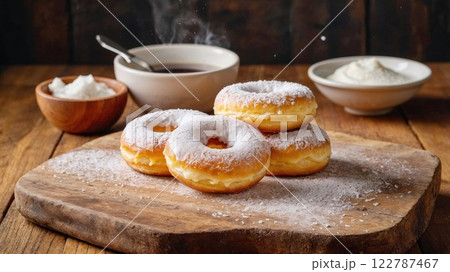 baked donuts dusted with powdered sugar sit on a rustic wooden board, accompanied by steaming bowls of cream and tea for a cozy and indulgent treat 122787467