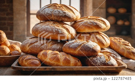 freshly baked artisan bread in a rustic bakery setting, highlighting golden crusts, natural textures, and the timeless tradition of handmade breadmaking freshly baked artisan bread in a rustic bakery setting, highlighting golden crusts, natural textures, and the timeless tradition of handmade breadmaking 122787485
