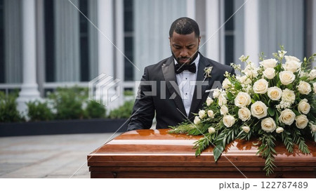 grief captured during a funeral ceremony, with a man in a tuxedo standing by a wooden casket adorned with elegant white roses in memory of a loved one 122787489