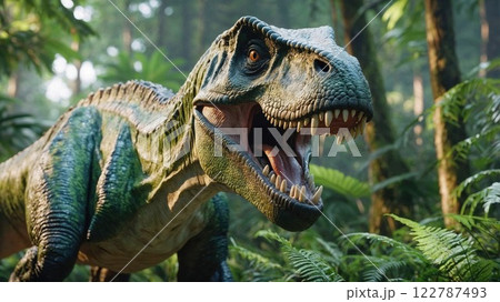 roaring dinosaur with sharp teeth in a lush prehistoric jungle setting, showcasing raw power and ancient mystery 122787493