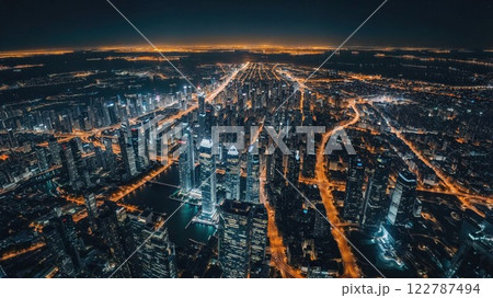 aerial view of a city at night, with a vast network of illuminated streets and towering skyscrapers. The bright lights of the cityscape stretch far into the distance, creating a vibrant and futuristic 122787494