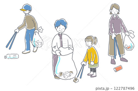 地域活動でゴミ拾いをする人々のイラストセット 122787496