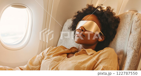 Woman sleeping on airplane with eye mask, relaxed travel concept Woman sleeping on airplane with eye mask, relaxed travel concept 122787550