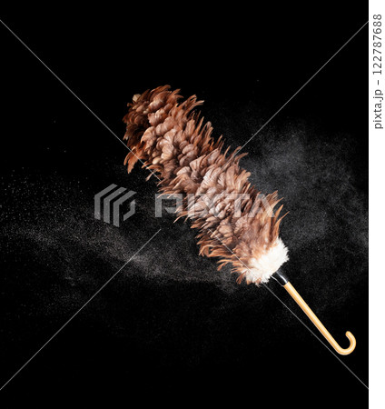 Old Traditional Feather Duster stick made from Chicken to clean house dust and web. Room Ceiling and window covered with dust bunnies, cobweb. Black background isolated Old Traditional Feather Duster stick made from Chicken to clean house dust and web. Room Ceiling and window covered with dust bunnies, cobweb. Black background isolated 122787688