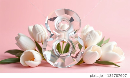 Banner for Women's Day. 8 march international womens day with white tulip flowers on a soft pink background 122787697