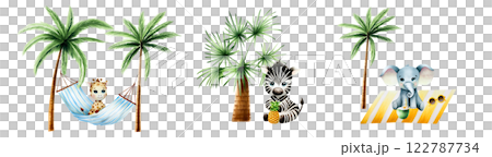 Cute baby set with giraffe on striped hanging hammock with Green palm trees, elephant with coconut under palm. Lazy summer clipart. Watercolor hand drawn floral jungle illustration isolated on Cute baby set with giraffe on striped hanging hammock with Green palm trees, elephant with coconut under palm. Lazy summer clipart. Watercolor hand drawn floral jungle illustration isolated on 122787734