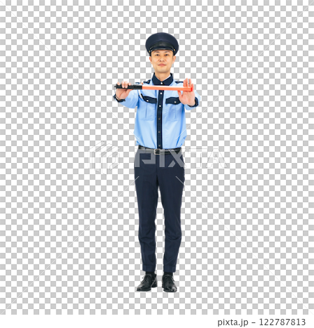 交通整理するミドル男性警備員　手作業で精密に切り抜いた背景透過全身写真PNG 122787813
