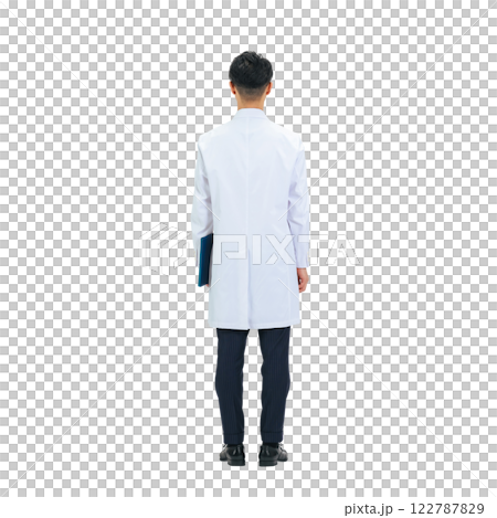 身穿白大褂的中年男子背影。 身穿白大褂的中年男子背影。 122787829