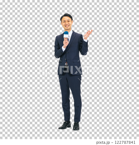 A middle-aged male business person reporting with a microphone. A transparent full-body photo PNG precisely cut by hand 122787841