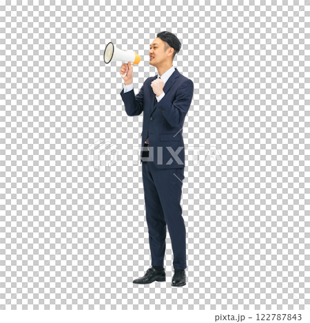 Middle-aged male business person calling out through a loudspeaker. Full-body photo PNG with transparent background precisely cut out by hand. 122787843