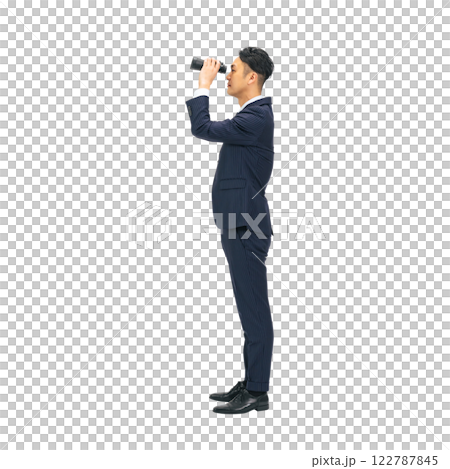 A middle-aged male business person looking into the distance with binoculars. A transparent full-body photo PNG precisely cut by hand 122787845