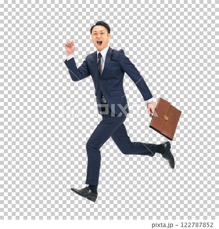 ジャンプするミドル男性ビジネスパーソン　手作業で精密に切り抜いた背景透過全身写真PNG 122787852