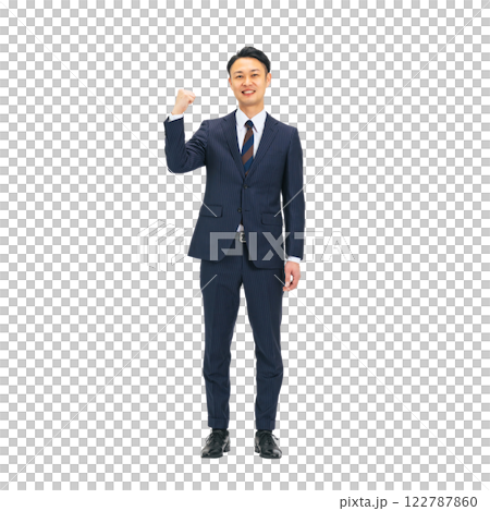 Middle-aged male business person doing a fist pump. Full-body photo PNG with transparent background precisely cut out by hand. 122787860