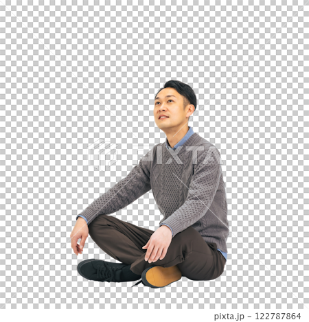 A middle-aged man in casual clothing sitting and looking up at the sky. A transparent full-body photo PNG precisely cut by hand 122787864