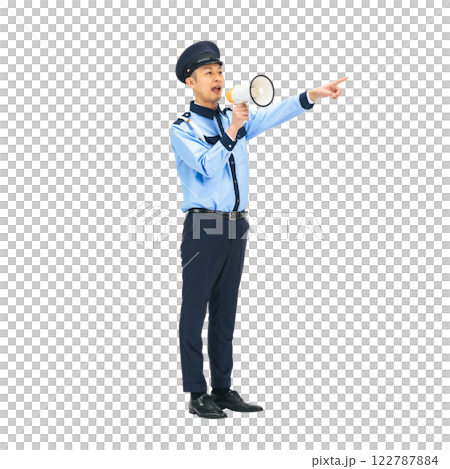Security guard calling out through a loudspeaker - A transparent, full-body photo PNG precisely cut by hand 122787884