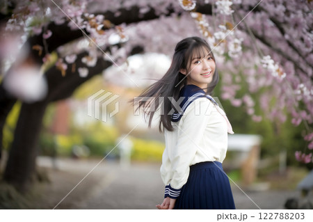 桜の木の下の女子高生 Generative AI 122788203