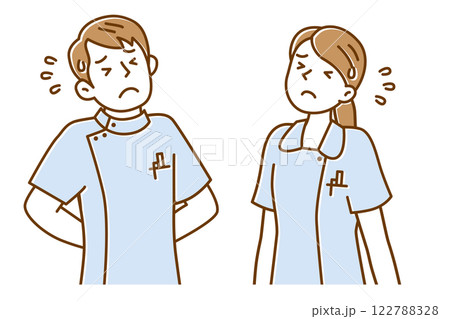 仕事に失敗して悲しい顔をする若い男女の看護師のイラスト 122788328