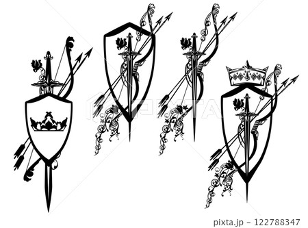 fantasy knight sword, bow, arrows and rose flowers with royal crown coat of arms shield vector design set fantasy knight sword, bow, arrows and rose flowers with royal crown coat of arms shield vector design set 122788347