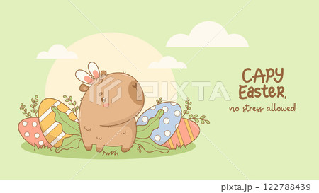 Happy Easter Capybara in bunny ears with decorative paschal eggs and leaves in clearing. Cute cartoon kawaii animal on green background. Holiday Horizontal cool poster. Vector illustration 122788439
